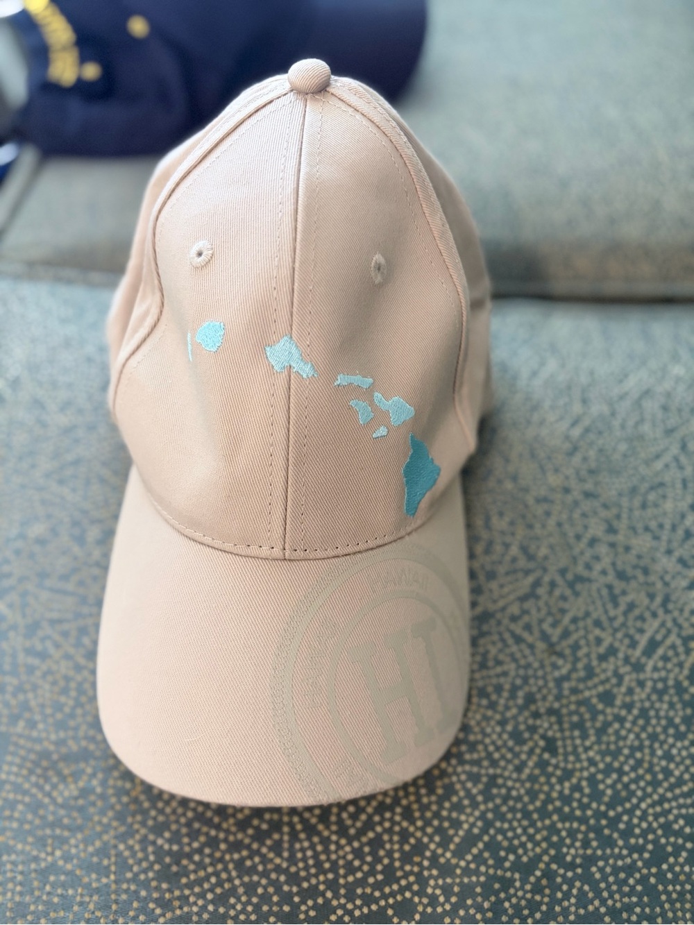 Beige Baseball Cap with Blue Island Graphic